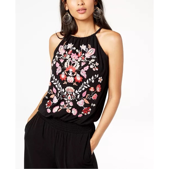 New INC Sleeveless Embroidered Jumpsuit Halter Neckline Pockets Blouson Size XLP - Picture 3 of 11